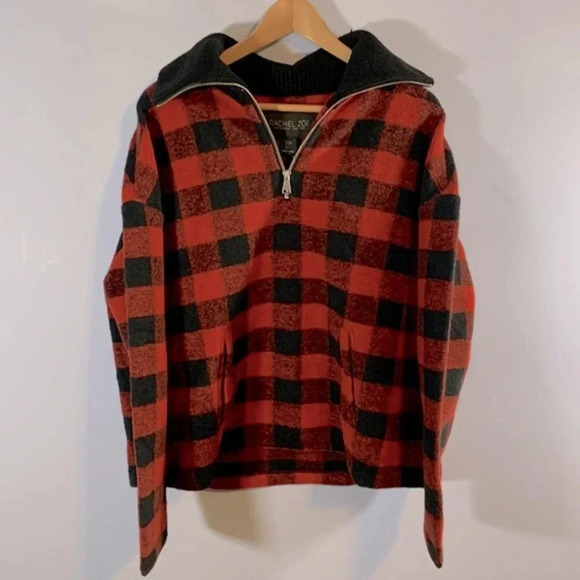 Rachel Zoe size large NWT red black Buffalo plaid gingham pullover sweater zip - Picture 1 of 8